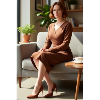 Kadın V Yaka Kruvaze Örme Midi Elbise Bodycon Kesim Düz Desen Uzun Kollu Kış Şıklığı Kaliteli