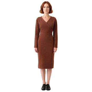 Kadın V Yaka Kruvaze Örme Midi Elbise Bodycon Kesim Düz Desen Uzun Kollu Kış Şıklığı Kaliteli