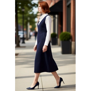 Kadın V Yaka Midi Boy Dokuma Jile Elbise %100 Pamuk Doğal Rahat Günlük Şıklık İçin İdeal Seçim