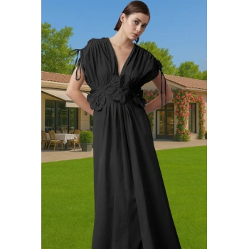 Kadın V Yaka Poplin Abiye Elbise 3B Çiçek Detaylı Skater Kalıp Uzun Ömürlü Modern Stil Yüksek Kalite