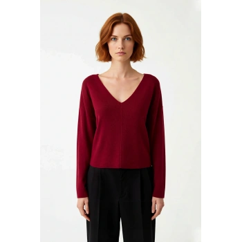 Kadın V Yaka Regular Kalıp Korse Dikiş Detaylı Düz Triko Kazak Kış ve Sonbahar Şıklığı İçin