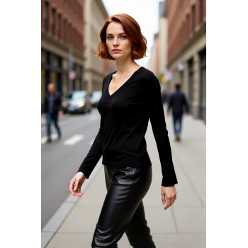 Kadın V Yaka Siyah Triko Kazak Casual Günlük Şıklığı Tamamlayan Orta Kalınlıkta Rahat Kesim