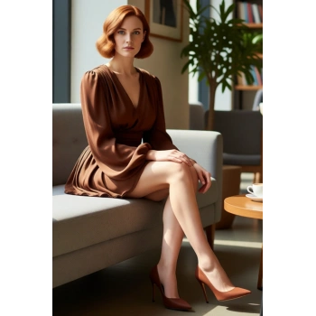 Kadın V Yaka Skater Mini Elbise Uzun Balon Kollarıyla Şık Davetlerin Gözdesi ve Zarif Havası