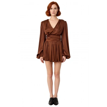 Kadın V Yaka Skater Mini Elbise Uzun Balon Kollarıyla Şık Davetlerin Gözdesi ve Zarif Havası