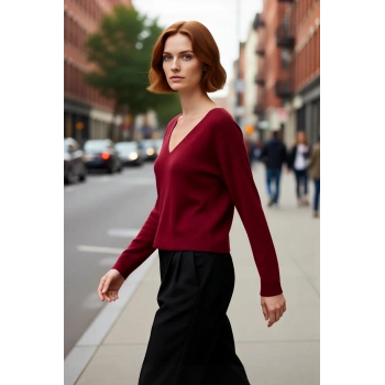 Kadın V Yaka Triko Kazak Düz Desen Regular Kalıp Korse Dikiş Detayı Uzun Kol Gündüz Gece Kaliteli