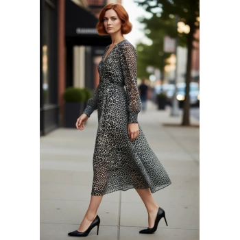 Kadın V Yaka Uzun Kol Soyut Desenli Midi Şifon Elbise Feminine Skater Kalıp Kış Sezonu Şıklığı