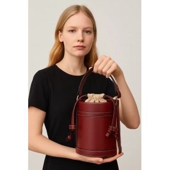 Kadın Vegan Deri Kova Formlu Büzgülü Çanta El Ve Omuz Askılı Dayanıklı Malzeme Yüksek Kalite