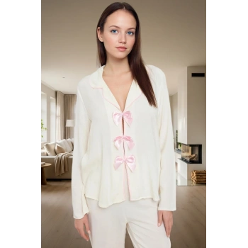 Kadın Viskon Dokuma Pijama Takımı Kurdele Fiyonk Detaylı Rahat Kalıp Şık Görünüm Modern Stil