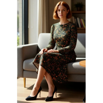 Kadın Viskoz Dokuma Midi Boy Elbise A line Kesim Çiçek Desenli Yırtmaçlı Balon Kollu Şıklık