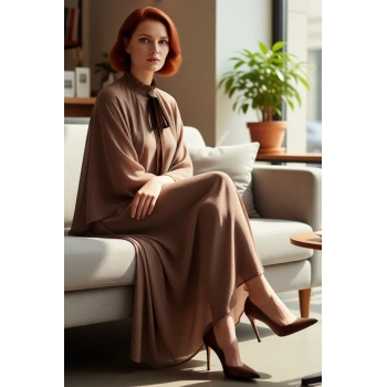 Kadın Vizon A Kesim Pelerinli Maxi Elbise Fırfırlı Dik Yaka Uzun Standart Kol Şık Polyester