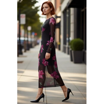 Kadın Vücuda Oturan Astarlı Tül Midi Elbise Uzun Kollu Bisiklet Yaka Çiçek Desenli Şık Ve Rahat