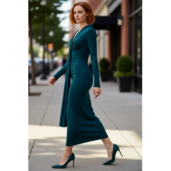 Kadın Vücuda Oturan Düz Drapeli Maxi Elbise V Yaka Tasarımıyla Şık Kokteyl Kombinleri İçin İdeal