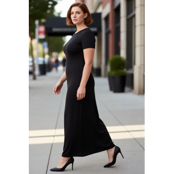 Kadın Vücuda Oturan Esnek Örme Maxi Elbise Siyah Düz Bisiklet Yaka Kısa Kollu İlkbahar Sonbahar