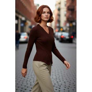 Kadın Vücuda Oturan Fitilli Kruvaze Yaka Triko Kazak Uzun Kollu İlkbahar Sonbahar Rahat Stil İçin