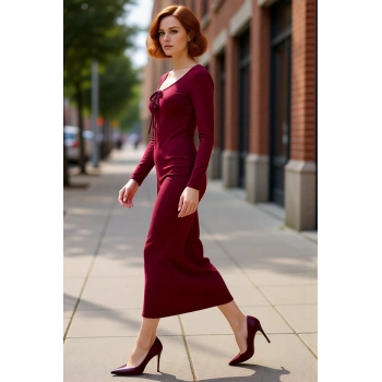 Kadın Vücuda Oturan Havuz Yaka Bağlama Detaylı Uzun Kol Smart Şık Örme Maxi Abiye Elbise Kaliteli