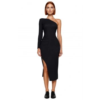 Kadın Vücudu Saran Asimetrik Yaka Tek Uzun Kollu Midi Bürümcük Elbise Özel Günler Gece Kokteyl
