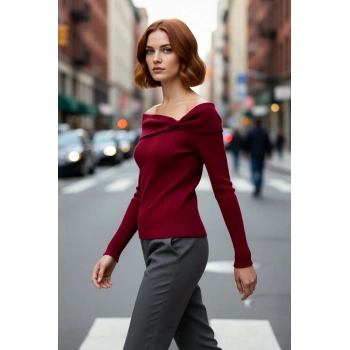 Kadın Vücudu Saran Fitilli Carmen Yaka Triko Bluz Basic Kesim Uzun Kol Şık Ve Zarif Görünüm Sunar