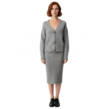 Kadın Vücudu Saran Midi Etek ve Düz Desen Standart Kol V Yaka Triko Hırka İkili Set Kaliteli