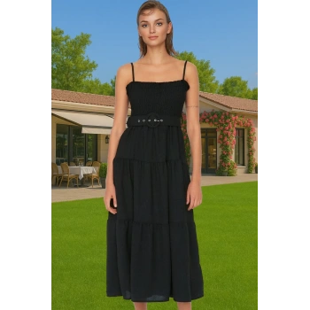 Kadın Yazlık Askılı Midi Boy Pileli Dokuma Elbise Günlük Kombinler İçin Uzun Ömürlü Trend Tasarım