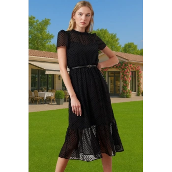 Kadın Yazlık Astarlı Kemerli Midi Elbise Şifon Kumaş A Kesim Modern Stil Trend Tasarım Özel Tasarım