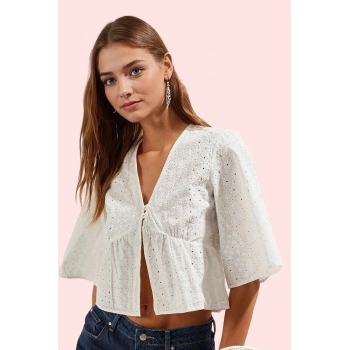 Kadın Yazlık Çiçekli Desenli V Yaka Truvakar Kol Gömlek Pamuk Günlük Kullanım Modern Tasarım