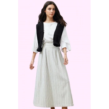 Kadın Yazlık Çizgili Keten Görünümlü Maxi Etek Günlük Şıklık Hafta Sonu Yaz Aylarının Vazgeçilmezi