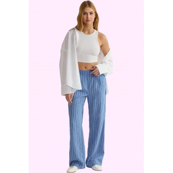 Kadın Yazlık Crinkle Dokuma Geniş Paça Pantolon Çizgili Şıklık ve Rahatlık Günlük Kullanım