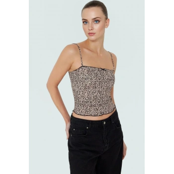Kadın Yazlık Crop Bluz Örme Kumaş Leopar Desenli Fitted Günlük Kullanım İçin Premium Kalite