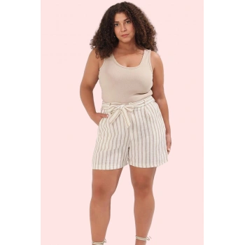 Kadın Yazlık Kısa Şort Büyük Beden Pamuk Dokuma Keten Görünümlü Geniş Paça Günlük Kullanım