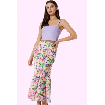 Kadın Yazlık Maxi Balık Etek Çok Çiçek Desenli Dokuma Saten Kumaş Yaz Aylarının Vazgeçilmezi