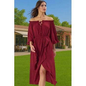 Kadın Yazlık Maxi Elbise Omuzdan Düşük Volanlı Crinkle Dokuma Rahat Profesyonel Görünüm