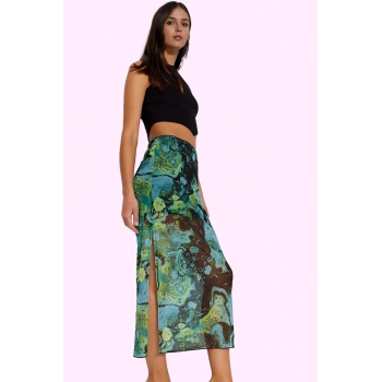 Kadın Yazlık Maxi Etek İç Göstermeyen Astarlı Kalem Kesim Örme Tül Desenli Günlük Kullanım