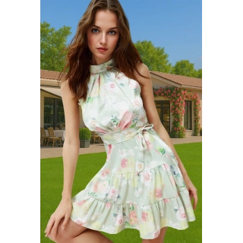 Kadın Yazlık Mini Elbise Saten Dokuma Çiçekli A Kesim Rahat Profesyonel Görünüm Rahat Kullanım
