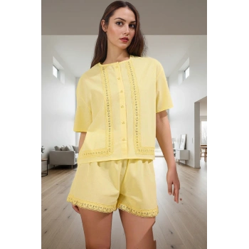 Kadın Yazlık Pamuklu Brodeli Pijama Takımı Regular Kalıp Kısa Kollu Rahat Zarif Tasarım
