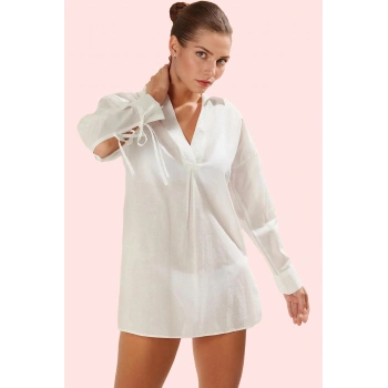 Kadın Yazlık Pamuklu Dokuma Gömlek Bağlama Detaylı Plaj Şıklığı Yaz Aylarının Vazgeçilmezi