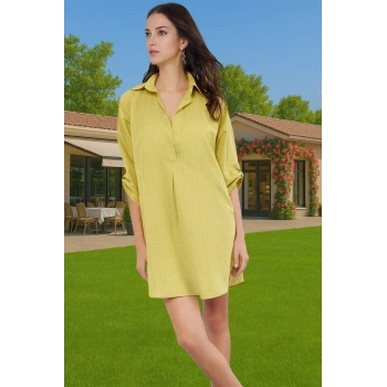 Kadın Yazlık Pamuklu Mini Elbise V Yaka Truvakar Kol Şık Plaj Modası Dayanıklı Malzeme