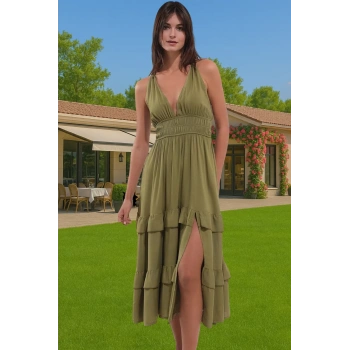 Kadın Yazlık Plaj Elbisesi Volanlı Haki Maxi Elbise Rahat Rahat Kullanım Uzun Ömürlü Modern Stil