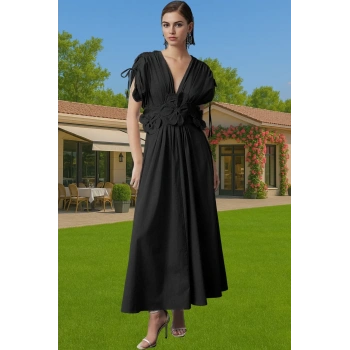 Kadın Yazlık Poplin Abiye Elbise 3D Çiçek Detay Midi Boy Modern Stil Zarifane Tasarım
