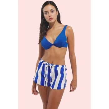 Kadın Yazlık Şort Denim Kumaş Çok Çizgili Desen Geniş Paça Pamuk Rahat Kesim Günlük Kullanım