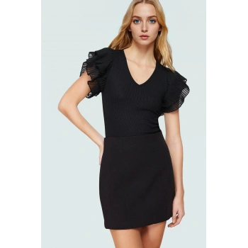 Kadın Yazlık V Yaka Kısa Kollu Fitted Bluz Polyester Örme Casual Günlük Kullanım İçin