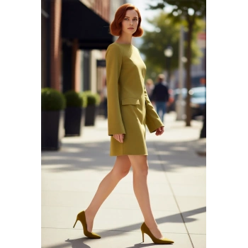 Kadın Yeşil A Line Cep Detaylı Kayık Yaka İspanyol Kol Mini Dokuma Elbise Kış Sezonu Şıklığı