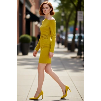 Kadın Yeşil Asimetrik Yaka Düşük Uzun Kol Büzgü Detaylı A Line Örme Kışlık Mini Elbise Kaliteli