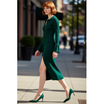 Kadın Yeşil Polo Yaka Fitilli Triko Maxi Elbise Uzun Kollu Vücuda Oturan Şık Kışlık Tasarım