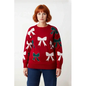 Kadın Yılbaşı Temalı Fiyonk Desenli İncili Bisiklet Yaka Uzun Kol Düşük Omuz Kalın Triko Kazak