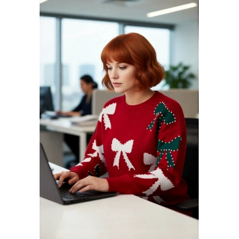 Kadın Yılbaşı Temalı İncili Fiyonk Desenli Bisiklet Yaka Uzun Kol Kalın Regular Fit Akrilik Kazak