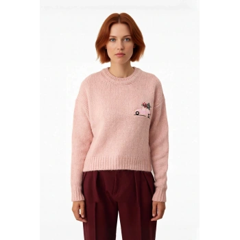 Kadın Yılbaşı Temalı Nakışlı Bisiklet Yaka Düşük Kol Crop Boy Orta Kalın Triko Kazak Kaliteli