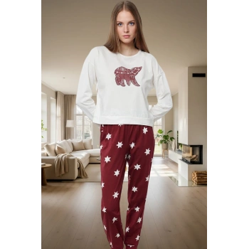 Kadın Yıldız Desenli Pamuklu Pijama Takımı Rahat Kalıp Uzun Paça Mükemmel Uyum Ömürlü
