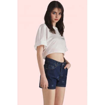 Kadın Yüksek Bel Boru Paça Denim Şort Pamuk Yaz Aylarının Vazgeçilmezi Rahat Günlük Kullanım