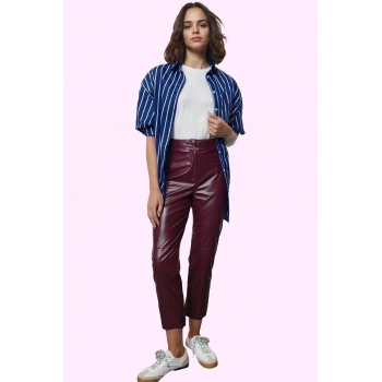 Kadın Yüksek Bel Dar Paça Suni Deri Pantolon Kemersiz Kışlık Günlük Yaz Aylarının Vazgeçilmezi