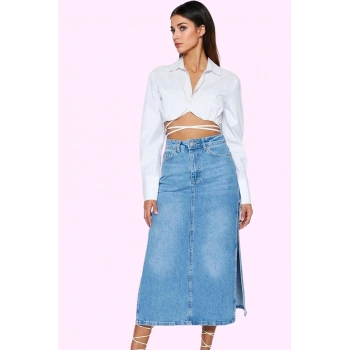 Kadın Yüksek Bel Denim Maxi Etek Pamuk Kalem Kalıp Yırtmaçlı Detaylı Yaz Aylarının Vazgeçilmezi